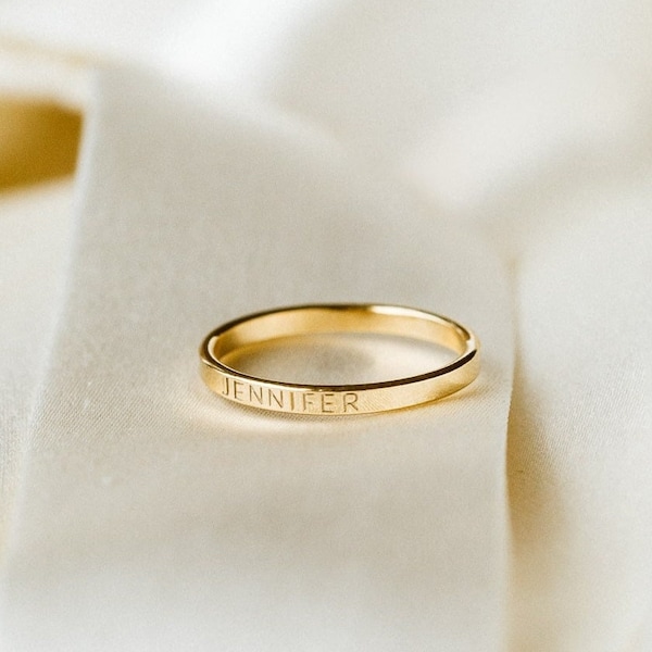 14k Solid Gold Personalisierter Ring, Benutzerdefinierter Namensring, zierlicher Stapelring, benutzerdefinierte Initial Band, Stapelring Set, Erbstück Schmuck | LR502_2