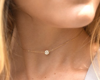 Choker Initial Necklace, Dainty Personalized Necklace, Floating Disk Necklace | 14k Gold Fill, Sterling Silver, Rose Gold | LN206_L_aj