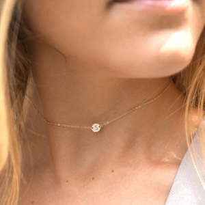 Choker Initial Necklace, Dainty Personalized Necklace, Floating Disk Necklace 14k Gold Fill, Sterling Silver, Rose Gold LN206_L_aj image 1