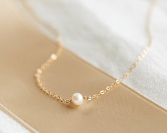 14k Solid Gold Pearl Necklace, Single Pearl Necklace, Minimal Pearl Necklace, Dainty Pearl Chain, Heirloom Jewelry | GNL_0613