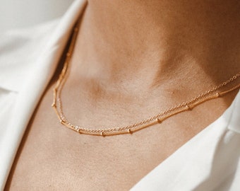 Short Dainty Chain Necklace, Double Layering Chain, Dewdrops Choker | 14k Gold Fill, Sterling Silver, Rose Gold | LN013