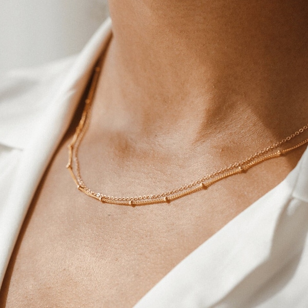 Short Dainty Chain Necklace, Double Layering Chain, Dewdrops Choker | 14k Gold Fill, Sterling Silver, Rose Gold | LN013