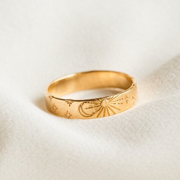 Celestial Band Ring, Moon and Stars Ring, Sun Band Ring, Celestial Wedding Ring | 14k Gold Fill, Sterling Silver | GRB_0540