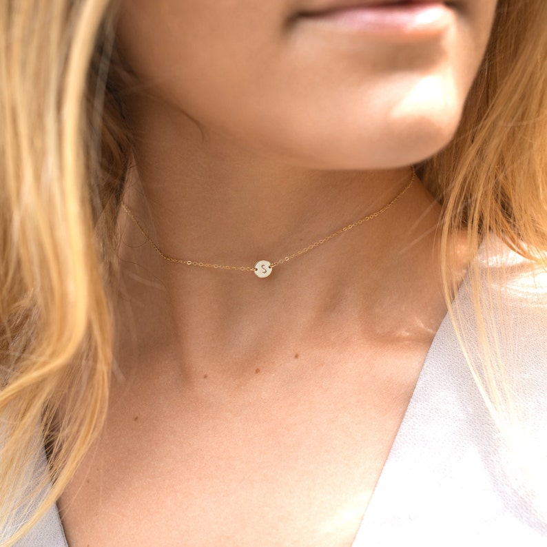 Choker Initial Necklace, Dainty Personalized Necklace, Floating Disk Necklace 14k Gold Fill, Sterling Silver, Rose Gold LN206_L_aj image 1