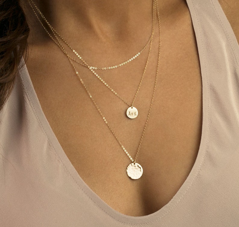 Layered Necklace Set, 3 Initial Disk Necklaces, Personalized Layering Chains 14k Gold Fill, Sterling Silver, Rose Gold LS933 image 2