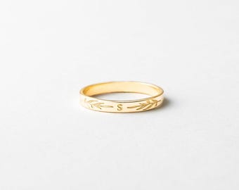 Personalized Olive Branch Band Ring, Olive Branch Wedding Band, Initial Band Ring, Leaves Ring | 14k Gold Fill, Sterling Silver | GRB_0528