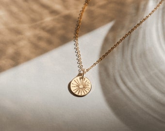 Sunbeam Necklace, Small Sun Necklace, Inspirational Sunshine Necklace | 14k Gold Fill, Sterling Silver | GNV_0209_SN