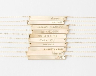 Benutzerdefinierte Namen Halskette, Personalisierte Typenschild Halskette, Koordinaten Bar Halskette | 14k Gold Fill, Sterling Silber | LN140_35_H