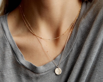 Set van 2 gelaagde kettingen, sierlijke satellietketting, gepersonaliseerde ketting met hanger | 14k gouden vulling, sterlingzilver | LS959