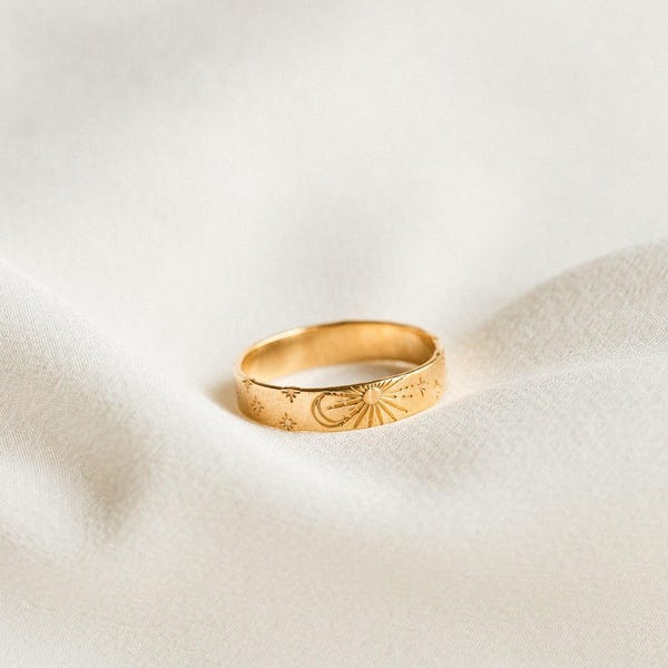 Anillo Celestial, Anillo de Luna y Estrellas, Anillo de Sol, Anillo de Boda Celestial / Oro laminado de 14k, Plata de Ley / GRB_0540