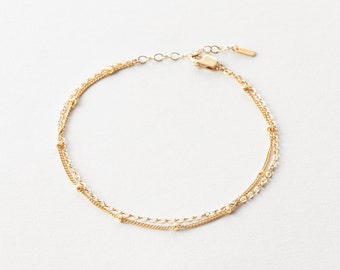 Bracelet à double chaîne délicat, bracelet satellite perlé, bracelet à double chaîne | Remplissage d’or 14 carats, argent sterling, or rose | GBX0013