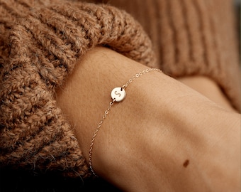 Super Dainty Initial Bracelet, Personalized Tiny Disk Bracelet, Delicate Handmade Jewelry | 14k Gold Fill, Sterling Silver | LB206