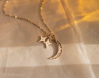 Crescent Moon and Stars Necklace, Personalized Initial Pendants, Custom Celestial Necklace | 14k Gold Fill, Sterling Silver | GNV_0231