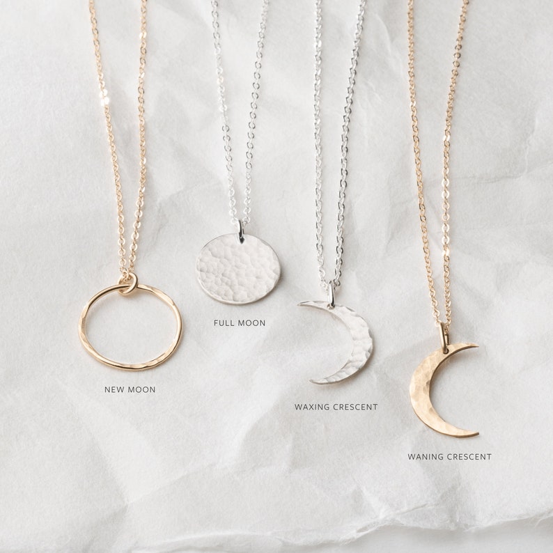 Dainty Moon Phase Necklace, Crescent Moon, Waxing Moon, Waning Moon, Full Moon, Celestial Necklace 14k Gold Fill, Sterling Silver LN116 image 3