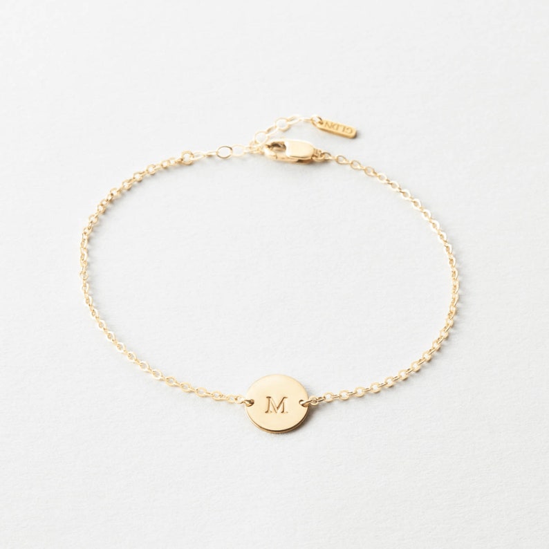 Personalized Initial Bracelet, Custom Disk Bracelet, Letter Charm Bracelet, Dainty Chain 14k Gold Fill, Sterling Silver, Rose Gold LB209 image 2