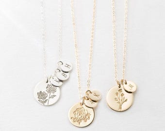 Flower Pendant Necklace, Personalized Floral Necklace, Custom Flowers Pendant, Tiny Initial Tags | 14k Gold Fill, Sterling Silver | LN227