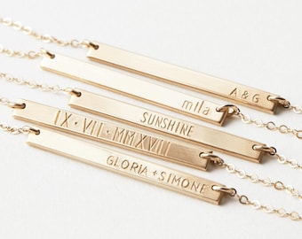 Collar con barra personalizado y delicado para nombres, fechas, iniciales o una placa con nombre sutil / Baño de oro de 14k, plata de ley / LN130_30_H