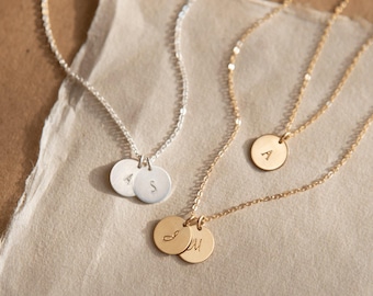 Initial Necklace with Personalized Disks, Dainty Custom Coin Pendant, Small Disk Necklace | 14 Gold Fill, Sterling Silver | LN209