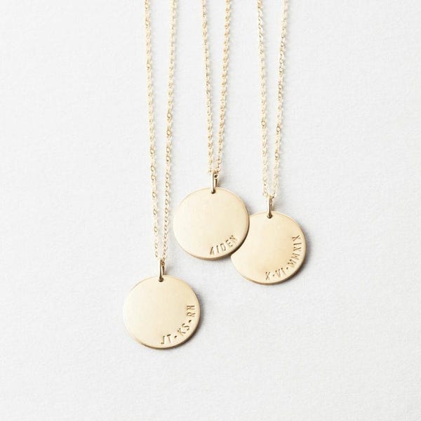 Personalized Name Necklace, Large Coin Pendant Necklace, Custom Date Disk Necklace | 14k Gold Fill, Sterling Silver | LN216