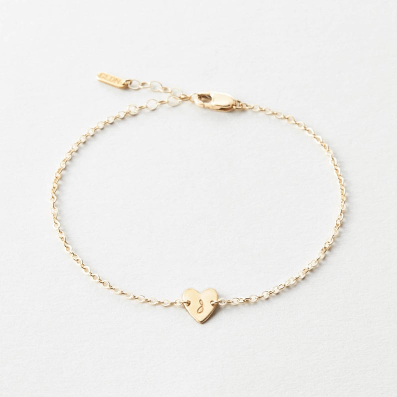 Tiny Initial Heart Bracelet, Romantic Everyday Chain Bracelet, Dainty Heart Jewelry 14k Gold Fill, Sterling Silver, Rose Gold LB124 image 3