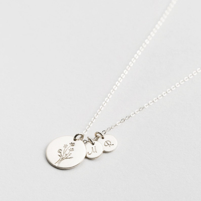 Flower Pendant Necklace, Personalized Floral Necklace, Custom Flowers Pendant, Tiny Initial Tags 14k Gold Fill, Sterling Silver LN227 image 4