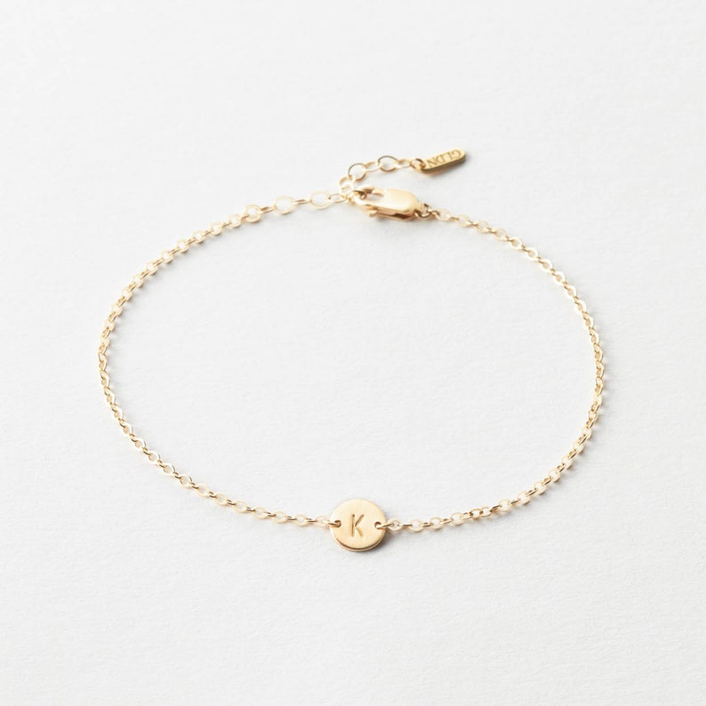 Super Dainty Initial Bracelet, Personalized Tiny Disk Bracelet, Delicate Handmade Jewelry 14k Gold Fill, Sterling Silver LB206 image 2