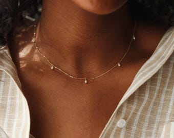Dainty Pearl Droplet Necklace, Dangling Pearl Charms, Bridal Jewelry, Bridesmaid Jewelry | 14k Gold Fill | GNL_0640