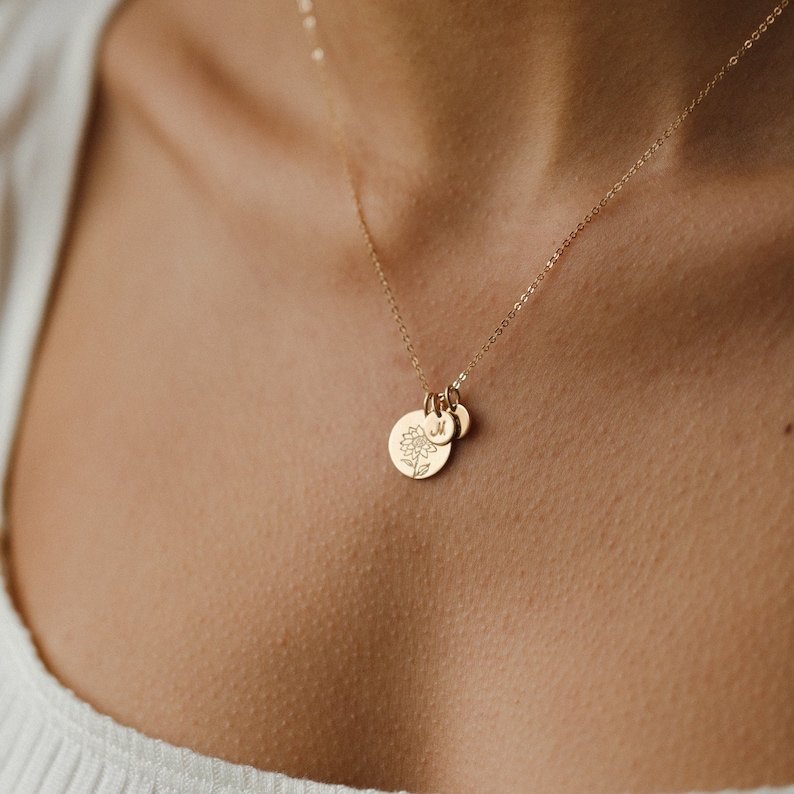 Flower Pendant Necklace, Personalized Floral Necklace, Custom Flowers Pendant, Tiny Initial Tags 14k Gold Fill, Sterling Silver LN227 image 5