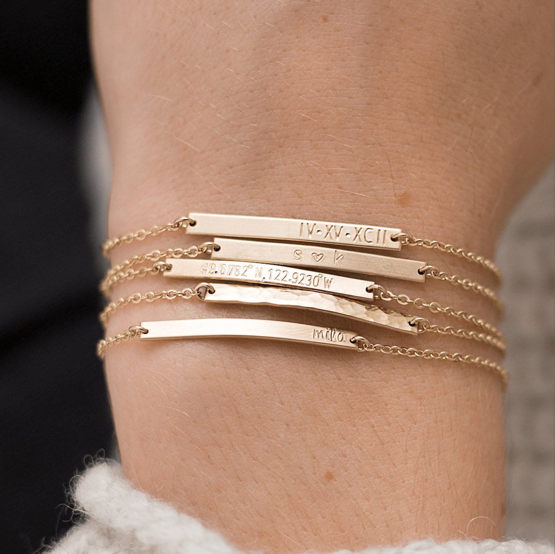Amazon.com: MOOXURY Personalized Your Name Bar Bracelet - 14K Gold Filled  Women Engraved Initial Bracelets - Custom Coordinate bracelet - Engraved  location, Longitude Latitude, Bridesmaid bracelet, Gift for women :  Handmade Products