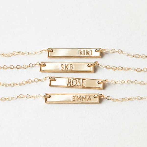 Mini Bar Halskette für Namen, Initialen, Daten, personalisiertes kleines Namensschild | 14k Gold Fill, Sterling Silber | LN130_16_H