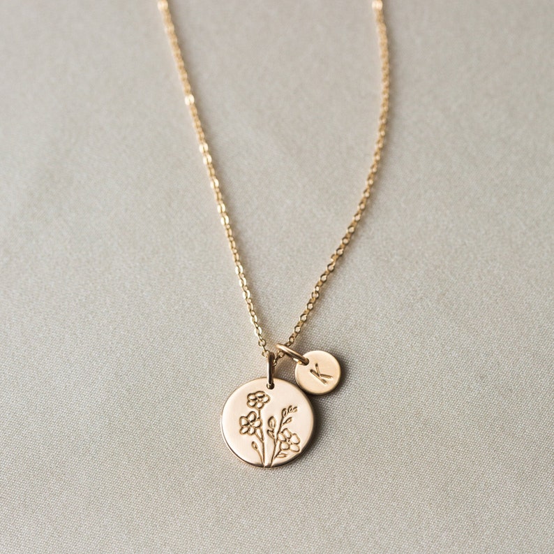Flower Pendant Necklace, Personalized Floral Necklace, Custom Flowers Pendant, Tiny Initial Tags 14k Gold Fill, Sterling Silver LN227 image 3
