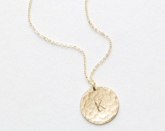 Personalized Initial Disk Necklace, Bold Hammered Pendant, Simple Letter Necklace | 14k Gold Fill, Sterling Silver | LN216_V_hm