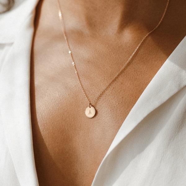 Aangepaste kleine schijf ketting, gepersonaliseerde cirkel tag voor initialen, symbolen | 14k gouden vulling, sterling zilver, roségoud | LN209_V