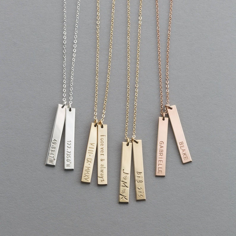 Personalized Vertical Bar Necklace, Custom Name Tag Necklace, Vertical Tag Necklace 14k Gold Fill, Sterling Silver, Rose Gold LN140_25_V image 1