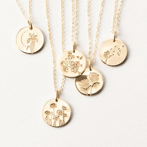 フラワーネックレス、フローラルペンダントネックレス、誕生花ディスクネックレス | 14Kゴールドフィルド、スターリングシルバー | LN213
