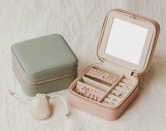 Signature Jewelry Case, Vegan Leather Travel Jewelry Case, Travel Jewelry Box | Rose Petal Pink, Soft Sage Green