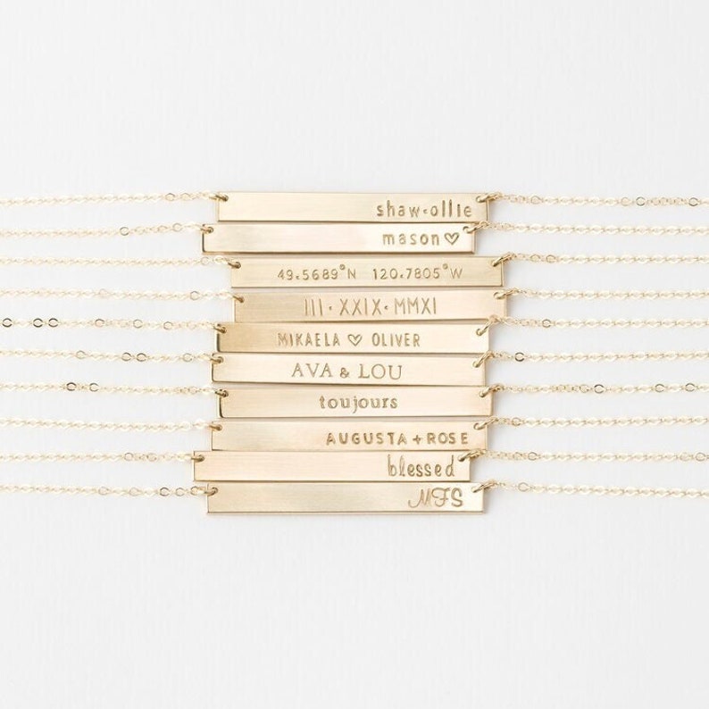 Custom Name Necklace, Personalized Nameplate Necklace, Coordinates Bar Necklace 14k Gold Fill, Sterling Silver, Rose Gold LN140_35_H image 1