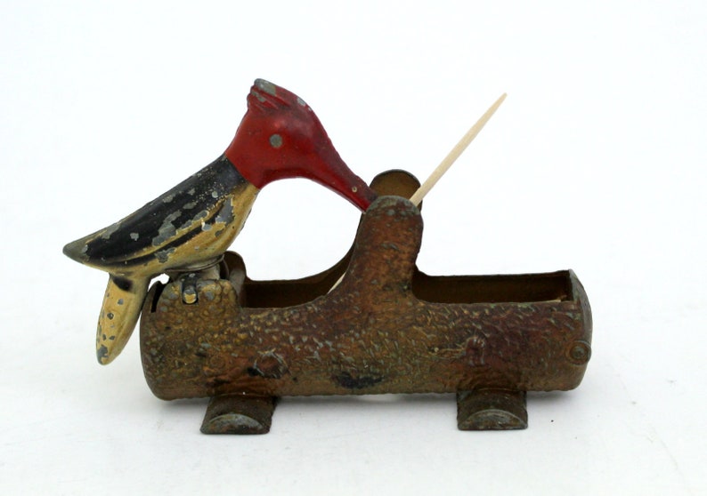 Vintage Red Headed Woodpecker Toothpick Holder made of Cast Iron. 1950's Kitchen Novelty.