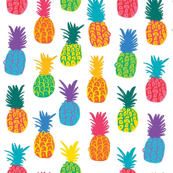 Cute Pineapple tropical cotton fabric - Benartex - Multi on White - Half Yard