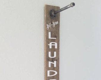 Laundry Room Sign. Hanger Storage. Hand-Painted. Clothes Hanger rack. Reclaimed wood. White Oak. Retro Sign. Pipe. Farmhouse. Decor.