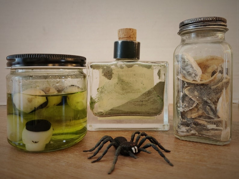 Glass Jars of Frogs Eyes, Mummy's Breath, and Ogres Toenails. 3set. Halloween Decoration/Fake apothecary spells, potions, witchcraft image 2