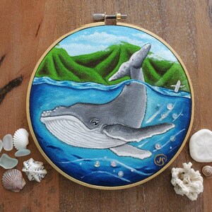 ORIGINAL Humpback whale baby hand-painted. Embroidery hoop art Ocean. Hawaii Sea Beach Wall art needlework painting. GREAT GIFT image 1
