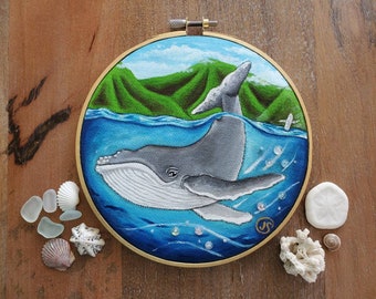 ORIGINAL Humpback whale baby hand-painted. Embroidery hoop art Ocean. Hawaii Sea Beach Wall art needlework painting. GREAT GIFT!