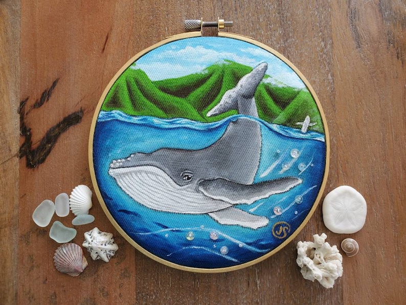 ORIGINAL Humpback whale baby hand-painted. Embroidery hoop art Ocean. Hawaii Sea Beach Wall art needlework painting. GREAT GIFT image 1