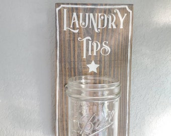 Tip Jar. Change Jar.Laundry Room Decor. Farmhouse Style. Hand-Painted. Wide Mouth 16oz Blue Mason Ball Jar. Sign. Keep the change jar.