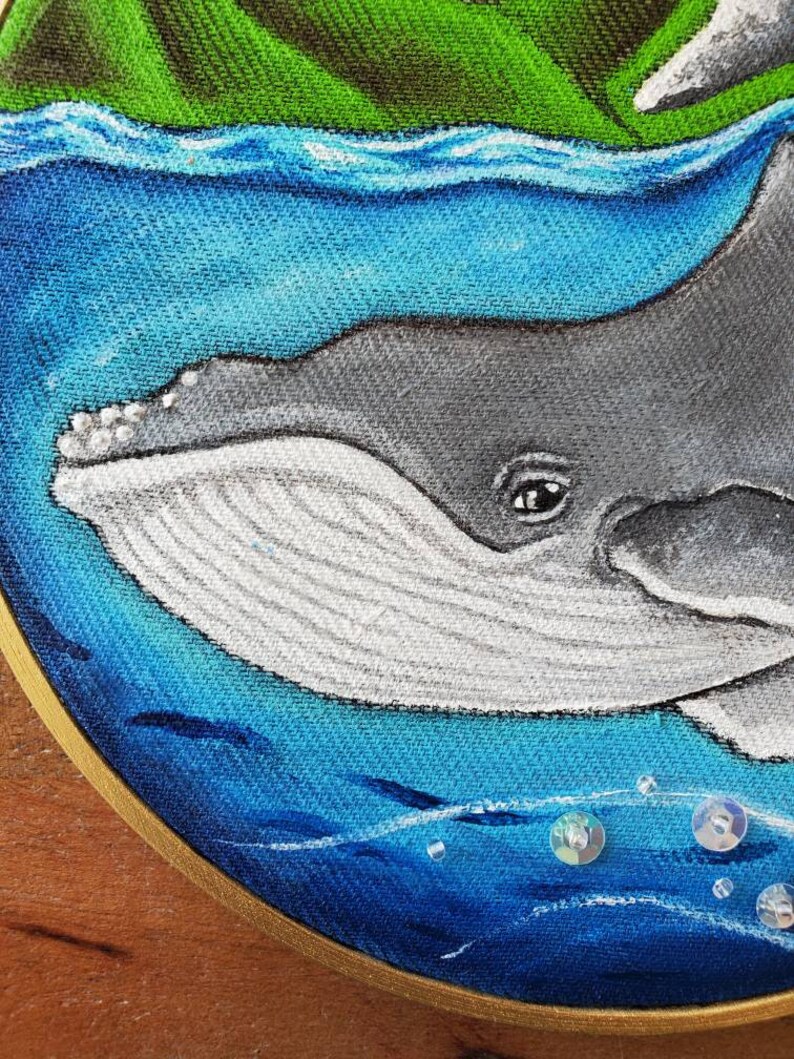 ORIGINAL Humpback whale baby hand-painted. Embroidery hoop art Ocean. Hawaii Sea Beach Wall art needlework painting. GREAT GIFT image 4