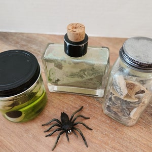 Glass Jars of Frogs Eyes, Mummy's Breath, and Ogres Toenails. 3set. Halloween Decoration/Fake apothecary spells, potions, witchcraft image 6