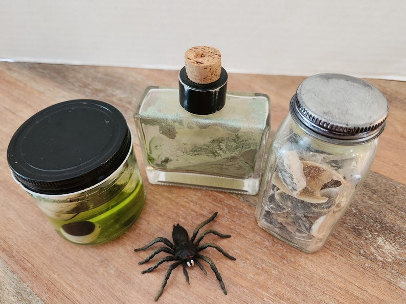 Glass Jars of Frogs Eyes, Mummy's Breath, and Ogres Toenails. 3set. Halloween Decoration/Fake apothecary spells, potions, witchcraft image 6