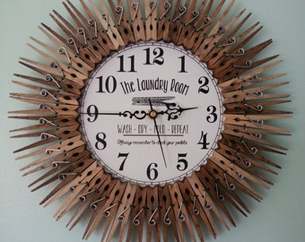 Farmhouse Laundry Room Clock. Wall Decor. Wash. Dry. Fold. Repeat. Wood. Check your pockets. Sign. Fun saying. Clothespin. Housewarming gift