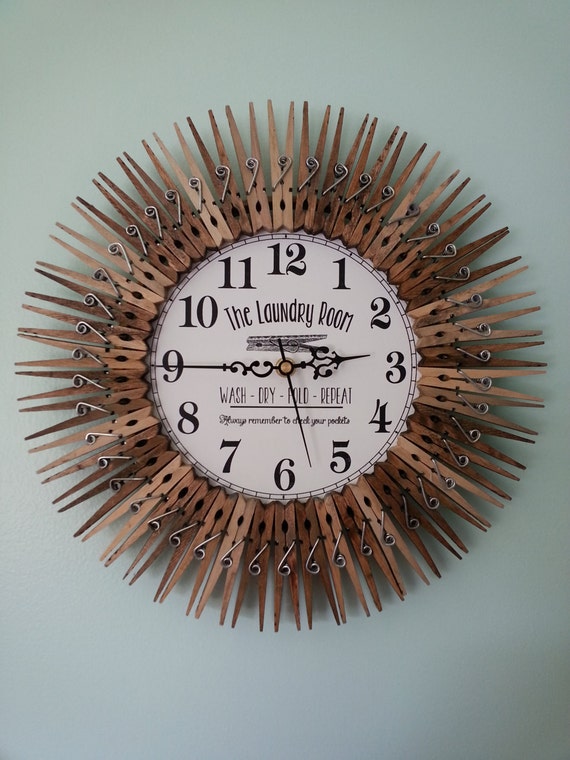 Farmhouse Laundry Room Clock. Wall Decor. Wash. Dry. Fold. Repeat. Wood. Check your pockets. Sign. Fun saying. Clothespin. Housewarming gift